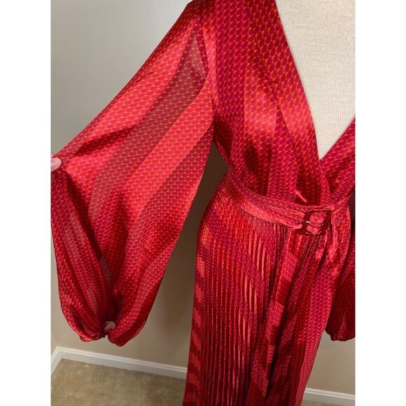 ALEXIS Salomo Long Sleeve V Neckline Belted Pleated Red Stripe Maxi Dress Sz Sw - Picture 6 of 12